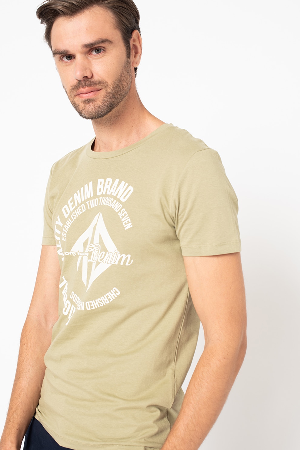 Tom Tailor, Tricou de bumbac cu imprimeu text, verde sparanghel, alb