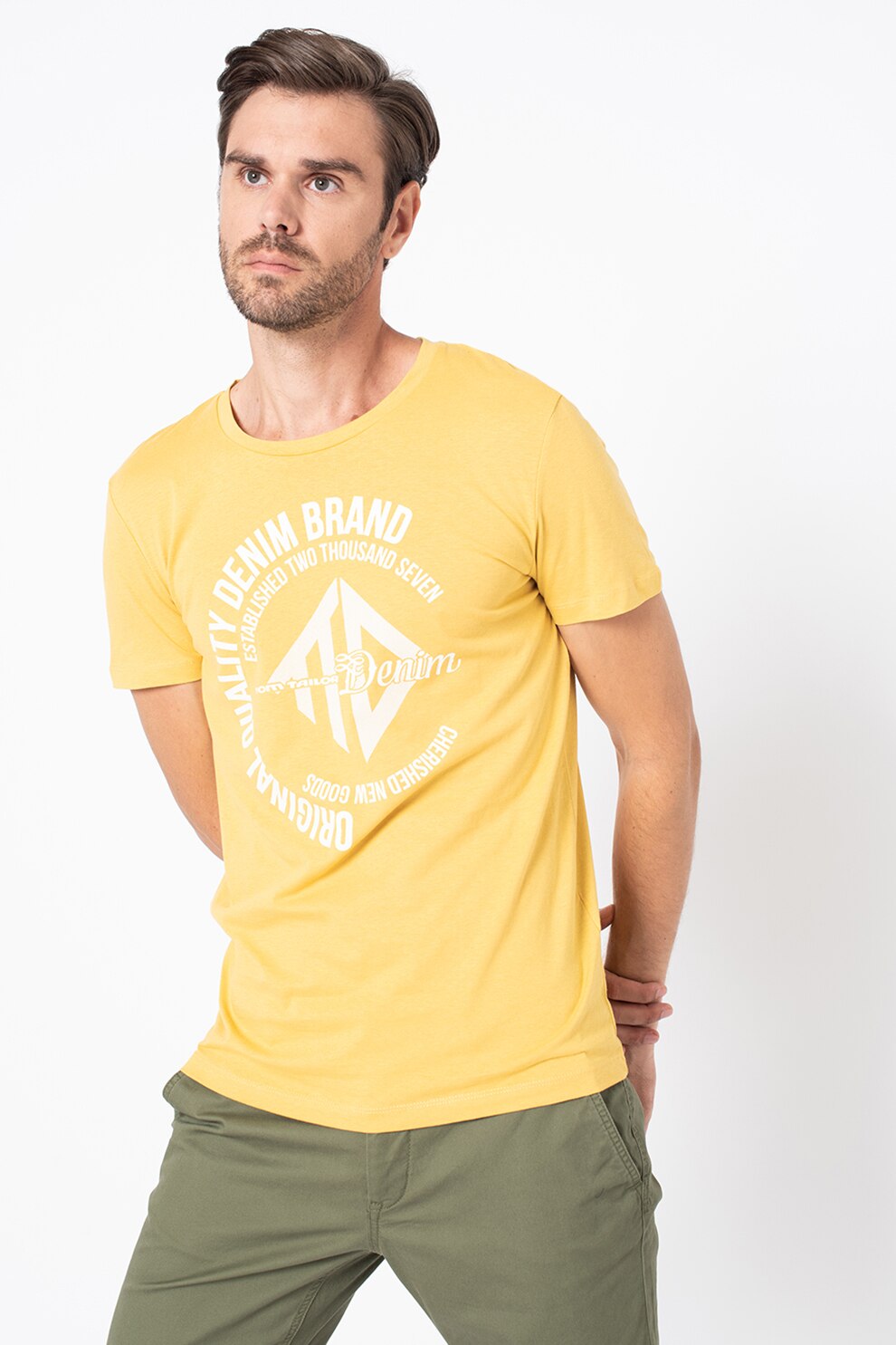 Tom Tailor, Tricou de bumbac cu imprimeu text, Galben sofran/Alb