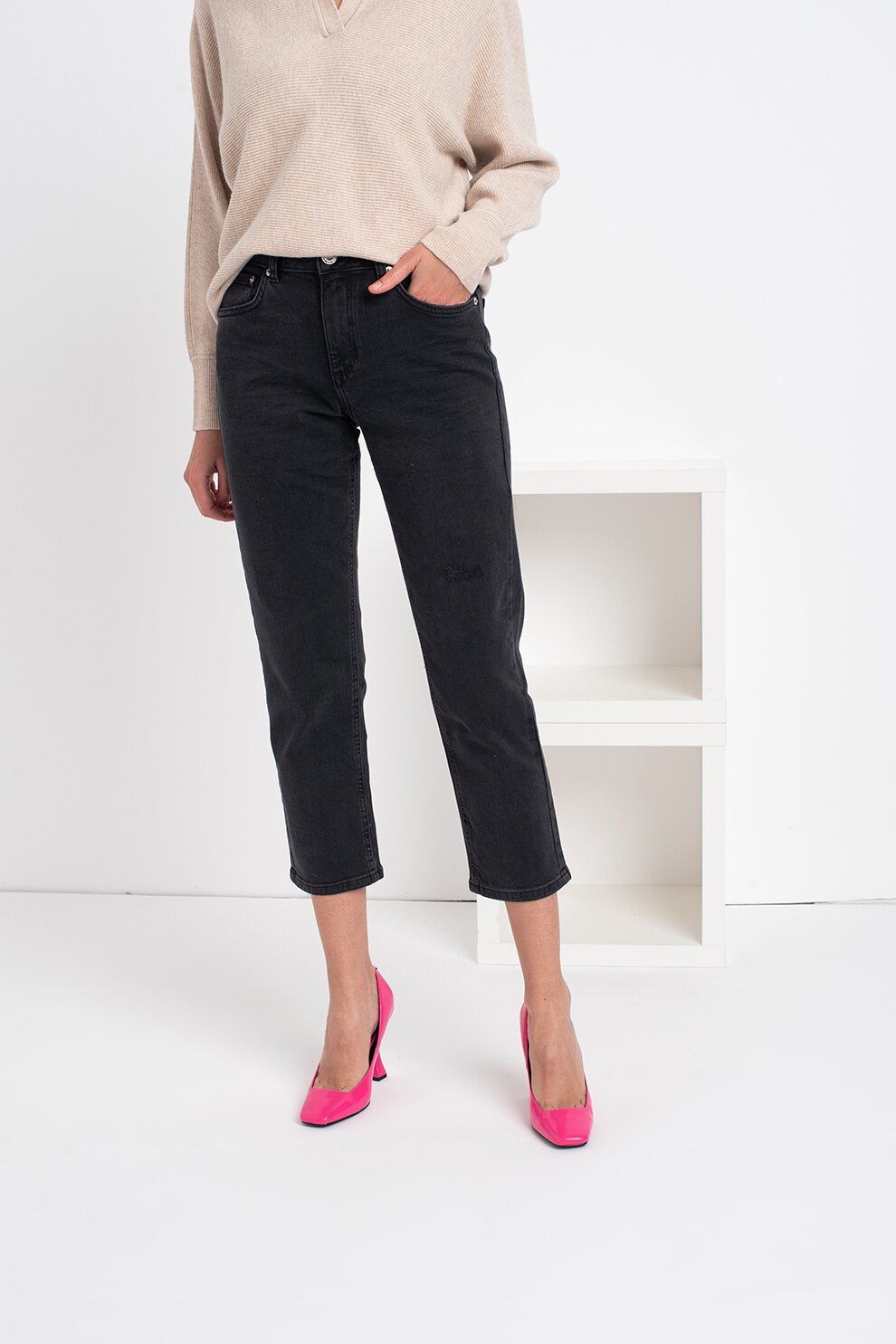 Tom Tailor, Blugi crop cu croiala dreapta Kate, Negru stins