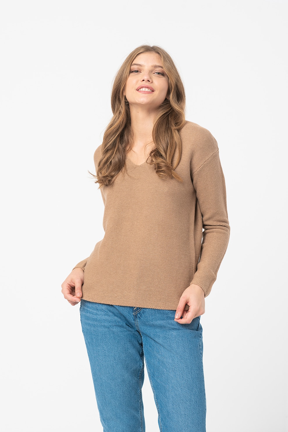 Tom Tailor, Pulover cu decolteu in V si maneci cazute, Maro caramel