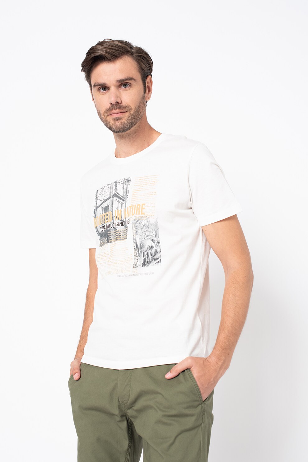 Tom Tailor, Tricou de bumbac organic cu decolteu la baza gatului si imprimeu, alb, maro, gri inchis