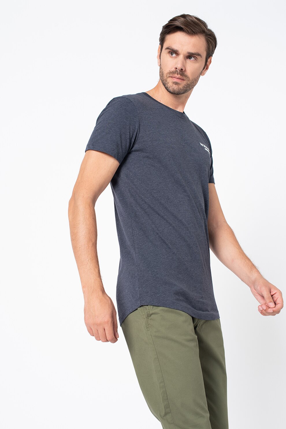 Tom Tailor, Tricou regular fit cu detaliu logo, Albastru inchis melange