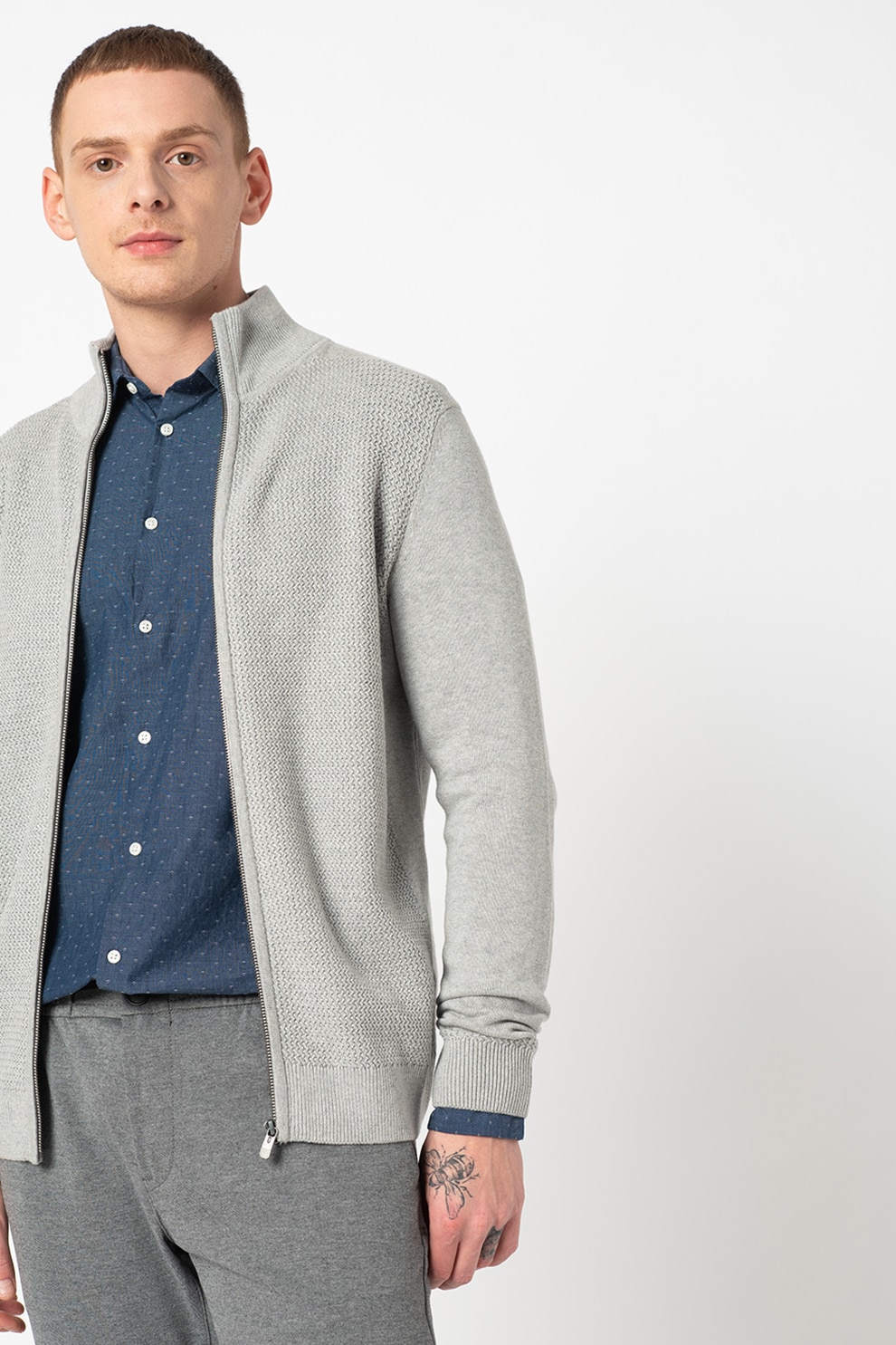 Tom Tailor, Cardigan cu aspect texturat si fermoar, Gri melange, S