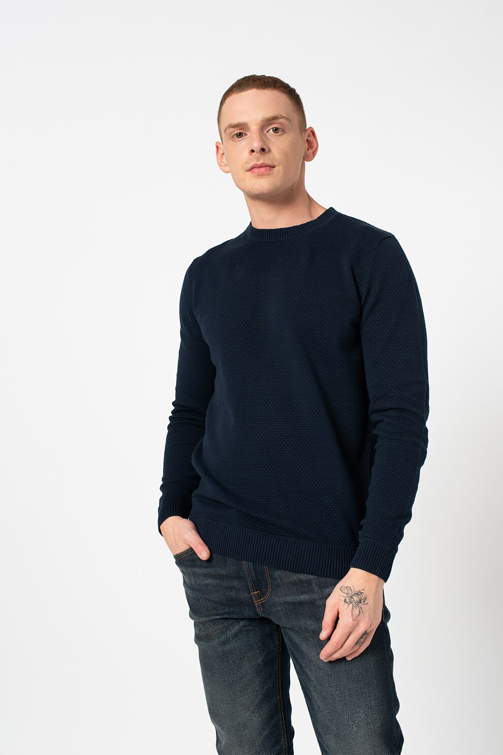 Tom Tailor, Pulover texturat din bumbac organic, Bleumarin, S