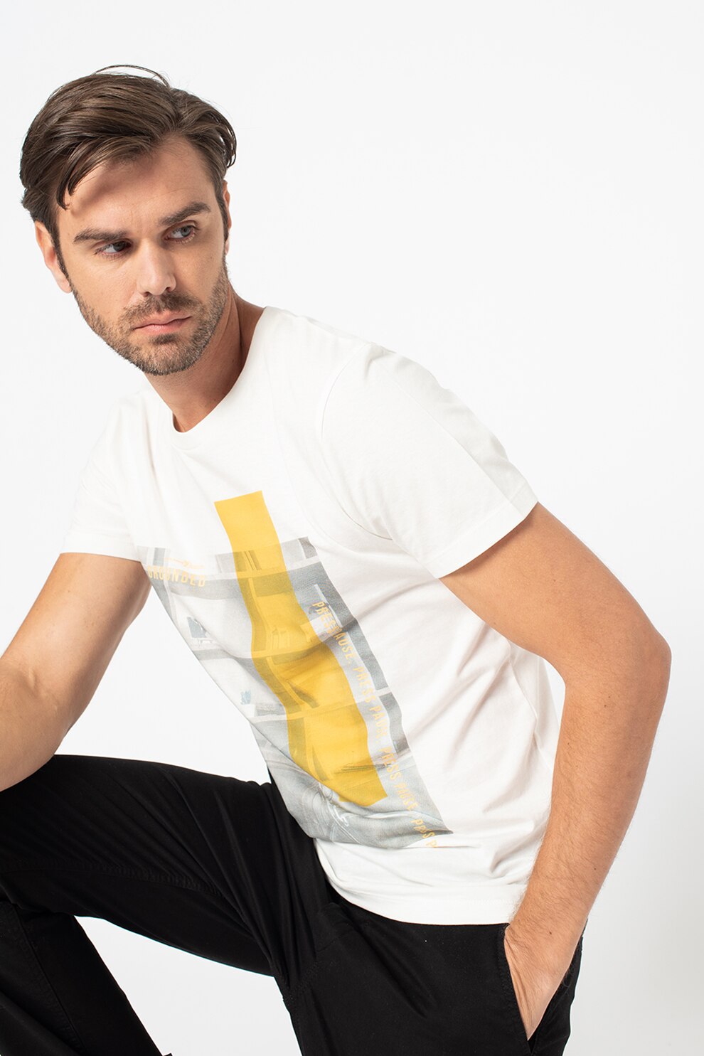 Tom Tailor, Tricou cu decolteu la baza gatului si imprimeu, Alb/gri/ocru
