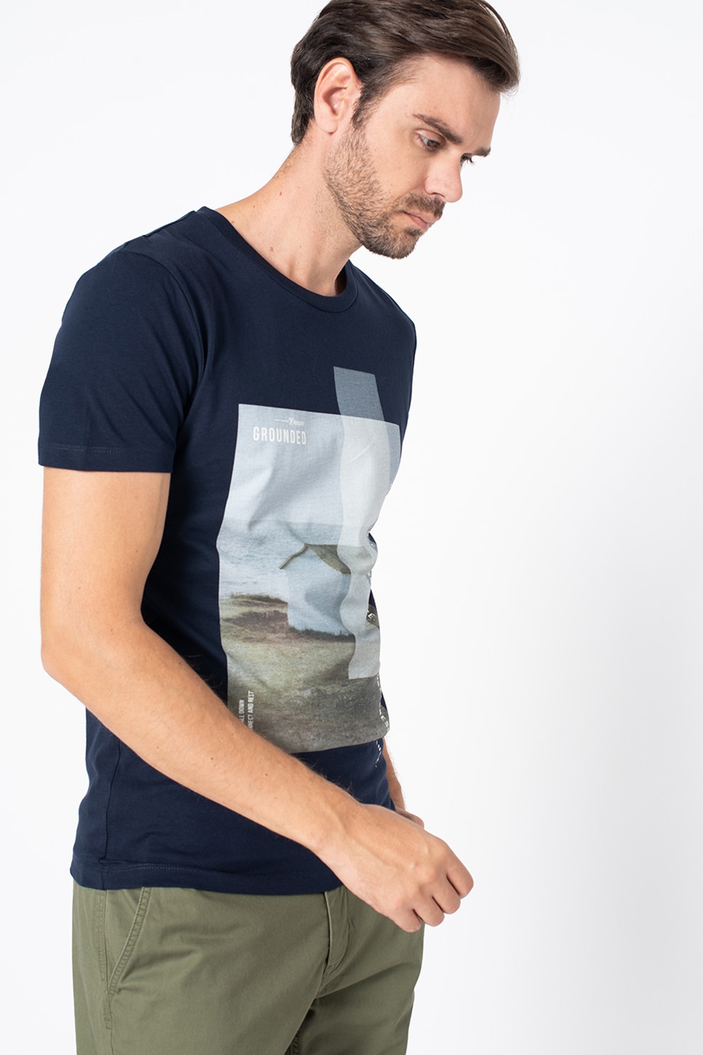 Tom Tailor, Tricou cu decolteu la baza gatului si imprimeu, Bleumarin