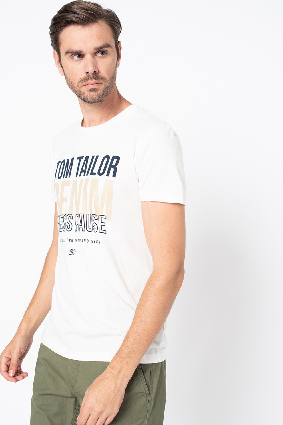 Tom Tailor, Tricou regular fit cu imprimeu logo, Alb prafuit/Bleumarin/camel
