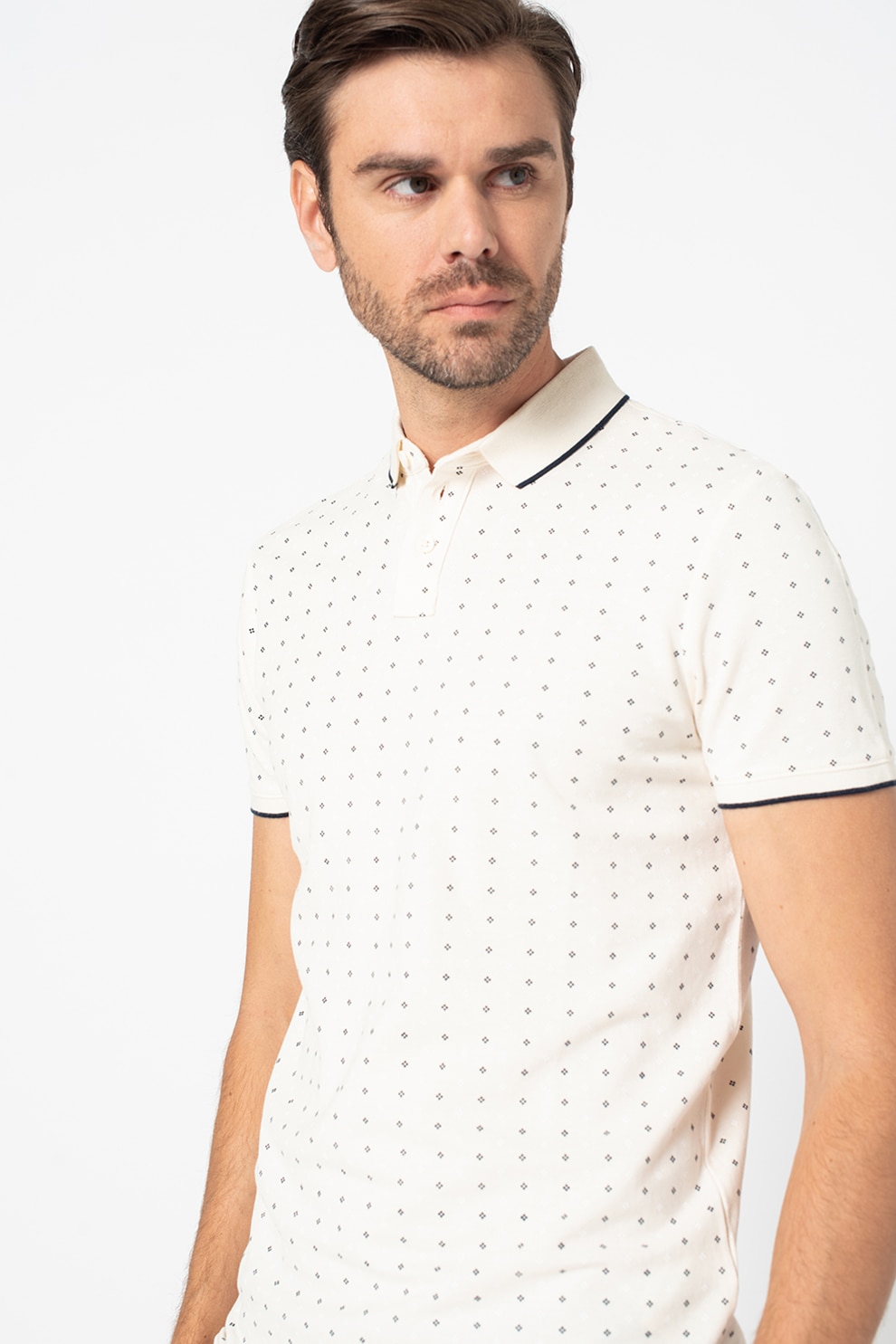 Tom Tailor, Tricou polo din bumbac cu model geometric, Crem/Bleumarin inchis, S
