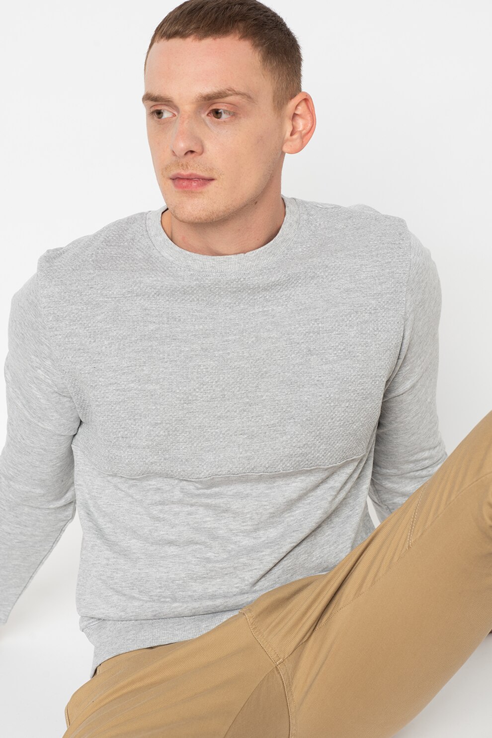 Tom Tailor, Bluza sport cu decolteu la baza gatului si garnitura texturata, Gri melange, XL