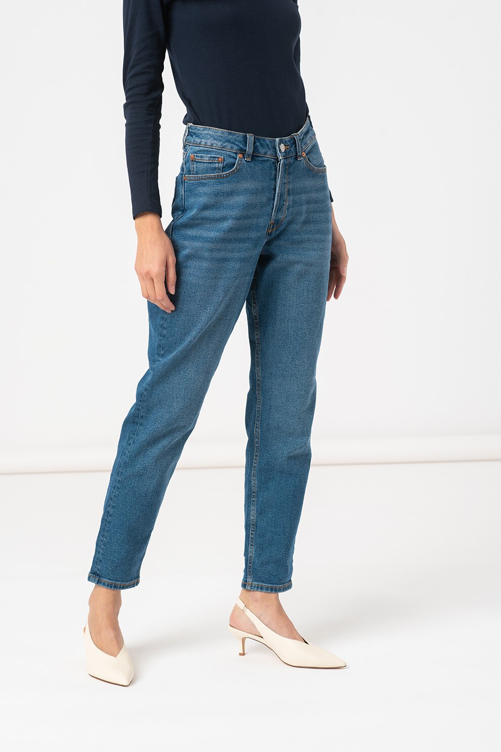 Tom Tailor, Blugi mom-fit cu talie inalta, Albastru inchis