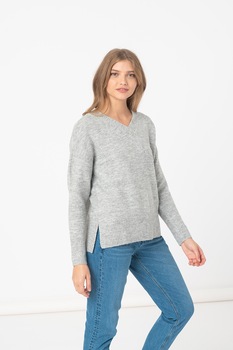 Tom Tailor, Pulover cu decolteu in V si maneci cazute, Gri melange Tom Tailor, Pulover cu decolteu in V si maneci cazute, Gri melange