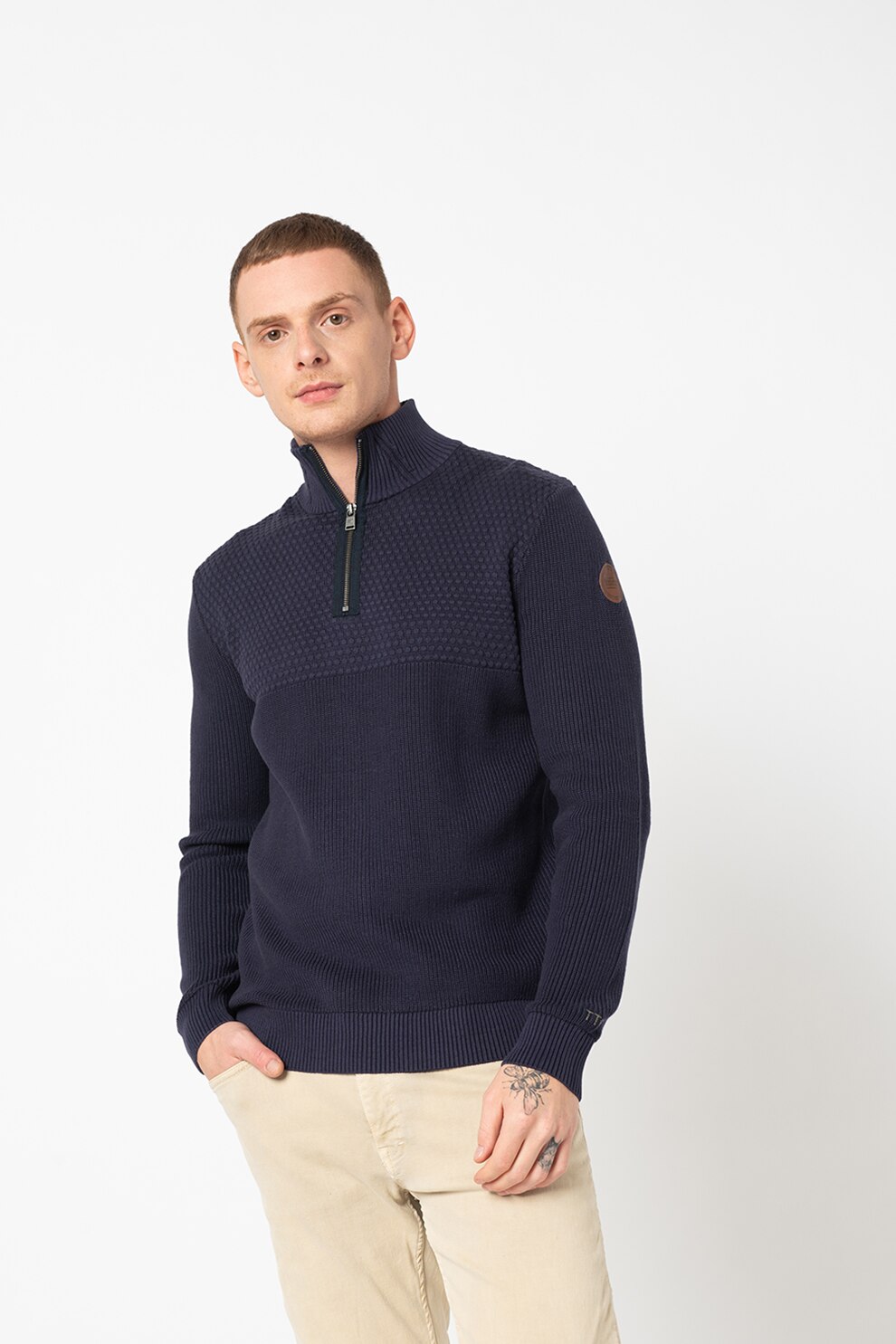 Tom Tailor, Pulover texturat cu fenta cu fermoar, Bleumarin, S