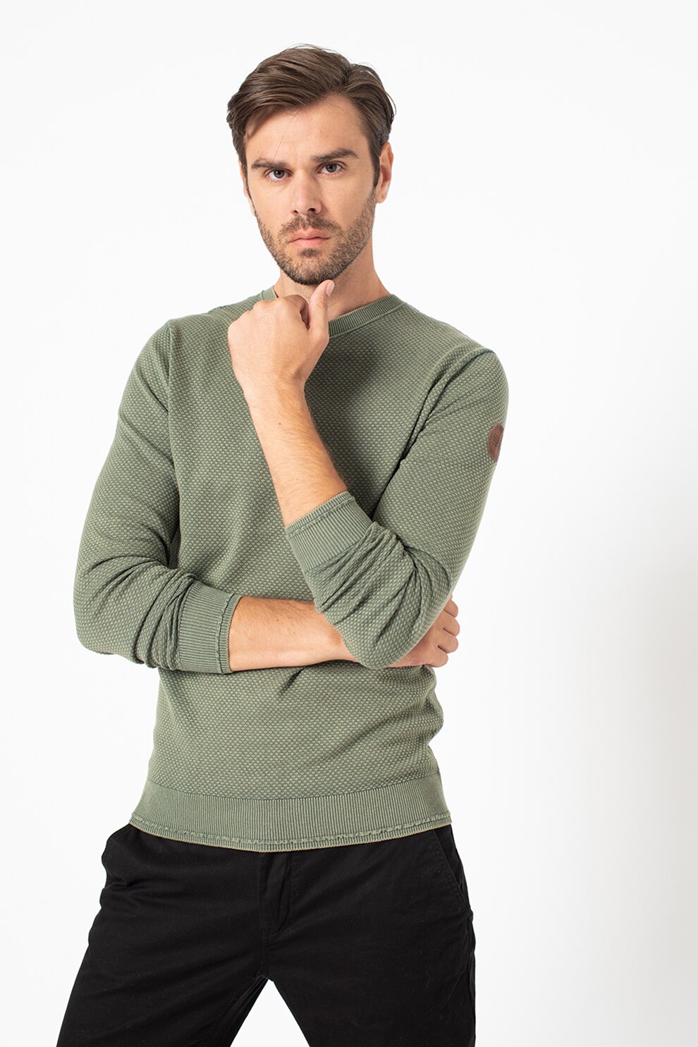 Tom Tailor, Pulover cu decolteu la baza gatului si aspect texturat, Verde