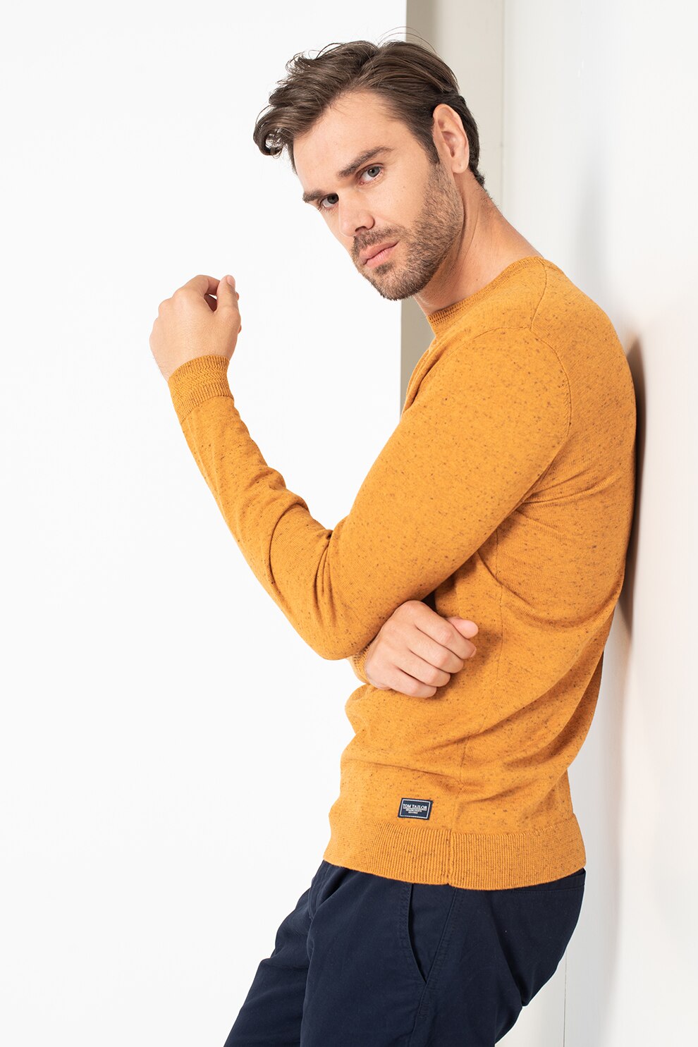 Tom Tailor, Pulover din amestec de bumbac cu decolteu la baza gatului, Maro/Negru, S