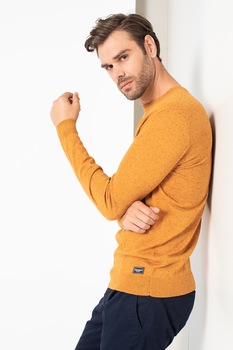 Tom Tailor, Pulover din amestec de bumbac cu decolteu la baza gatului, Maro/Negru, S Tom Tailor, Pulover din amestec de bumbac cu decolteu la baza gatului, Maro/Negru, S