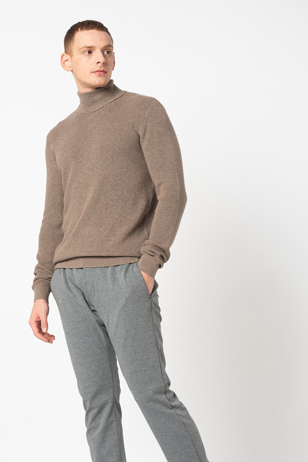 Tom Tailor, Pulover din amestec de bumbac cu guler inalt, Taupe