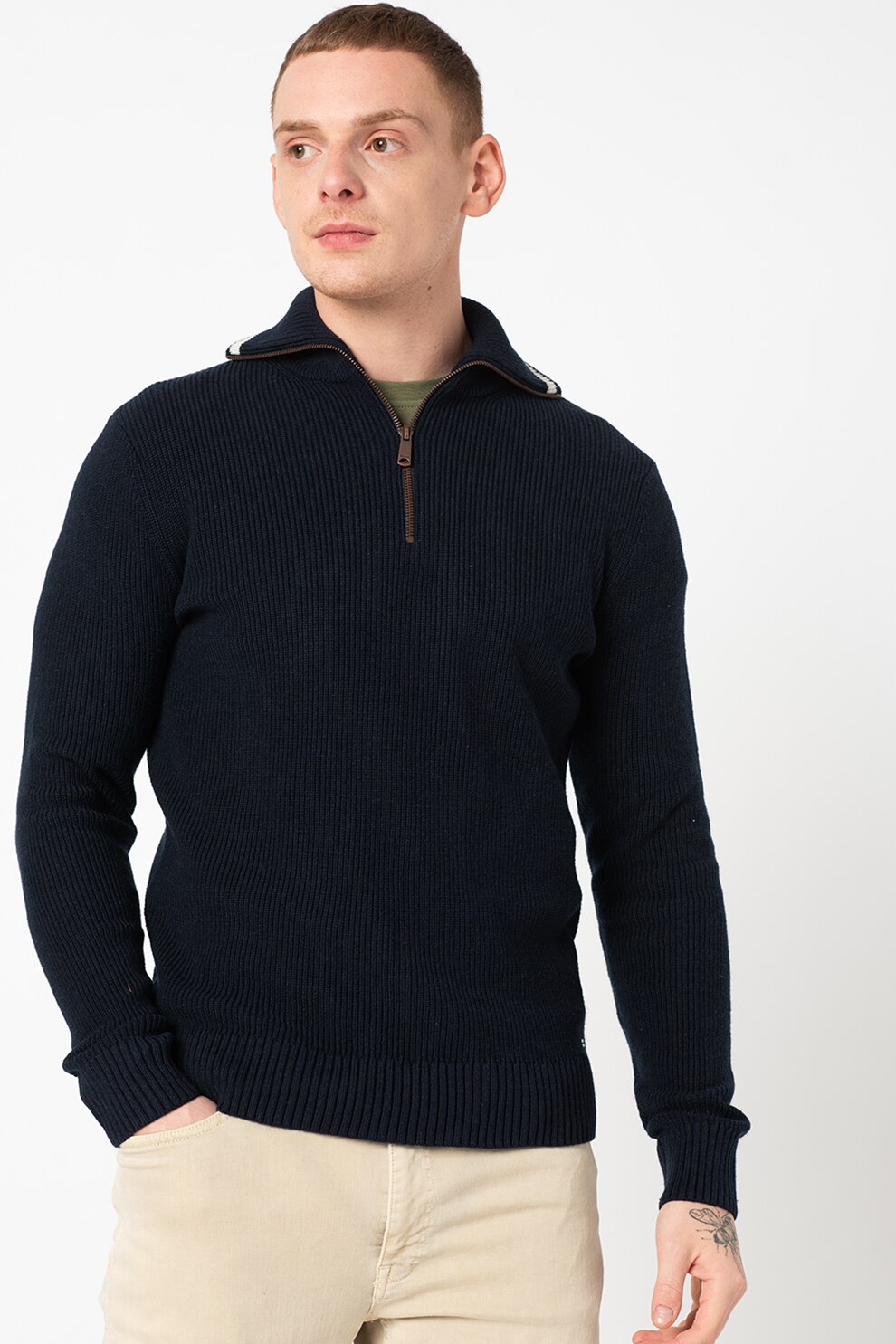 Tom Tailor, Pulover striat cu fenta cu fermoar, Bleumarin inchis