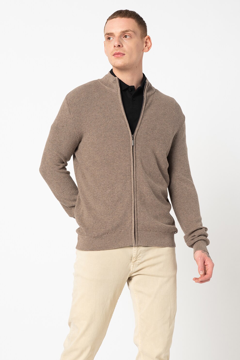 Tom Tailor, Cardigan din amestec de bumbac cu fermoar, Grej, S