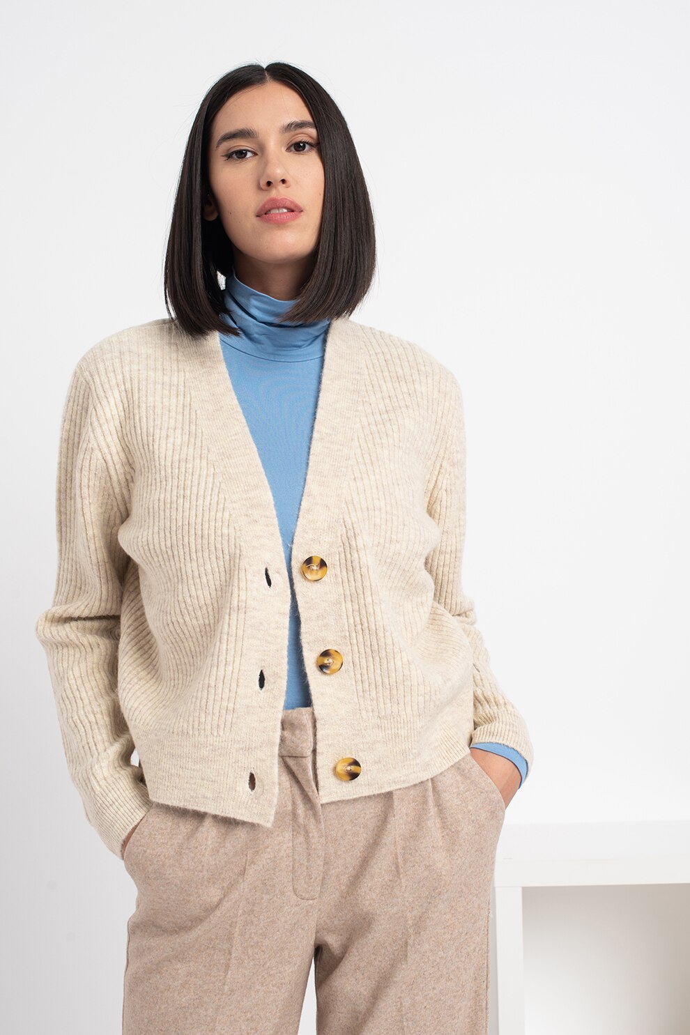 Tom Tailor, Pulover cu decolteu in V si aspect striat, Maro nisip