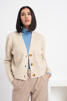 Tom Tailor, Pulover cu decolteu in V si aspect striat, Maro nisip Tom Tailor, Pulover cu decolteu in V si aspect striat, Maro nisip