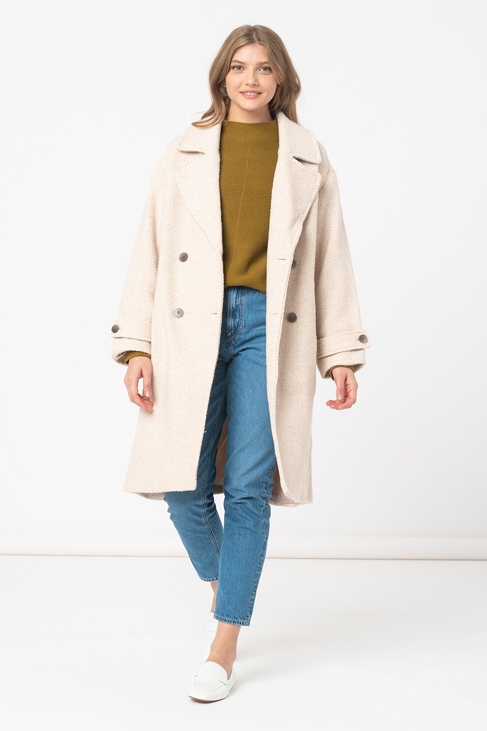 Tom Tailor, Palton cu model si revere decupate, Maro nisip