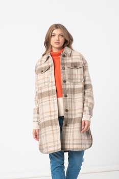 Tom Tailor, Jacheta-camasa din amestec de lana cu model in carouri, Maro Tom Tailor, Jacheta-camasa din amestec de lana cu model in carouri, Maro