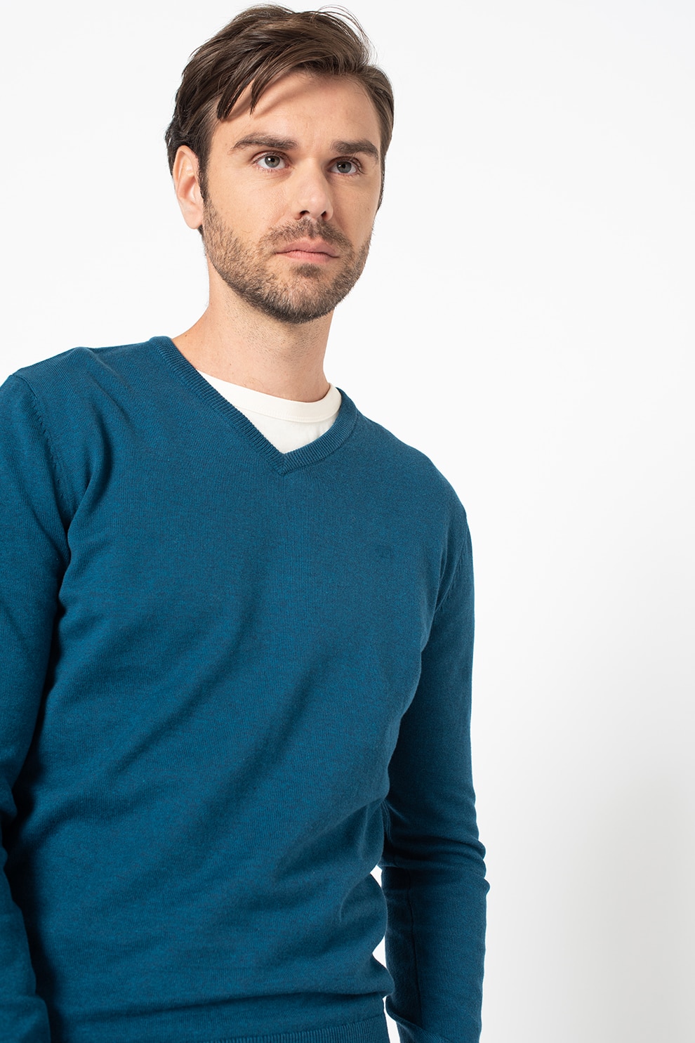 Tom Tailor, Pulover tricotat fin cu decolteu in V, Albastru inchis, S