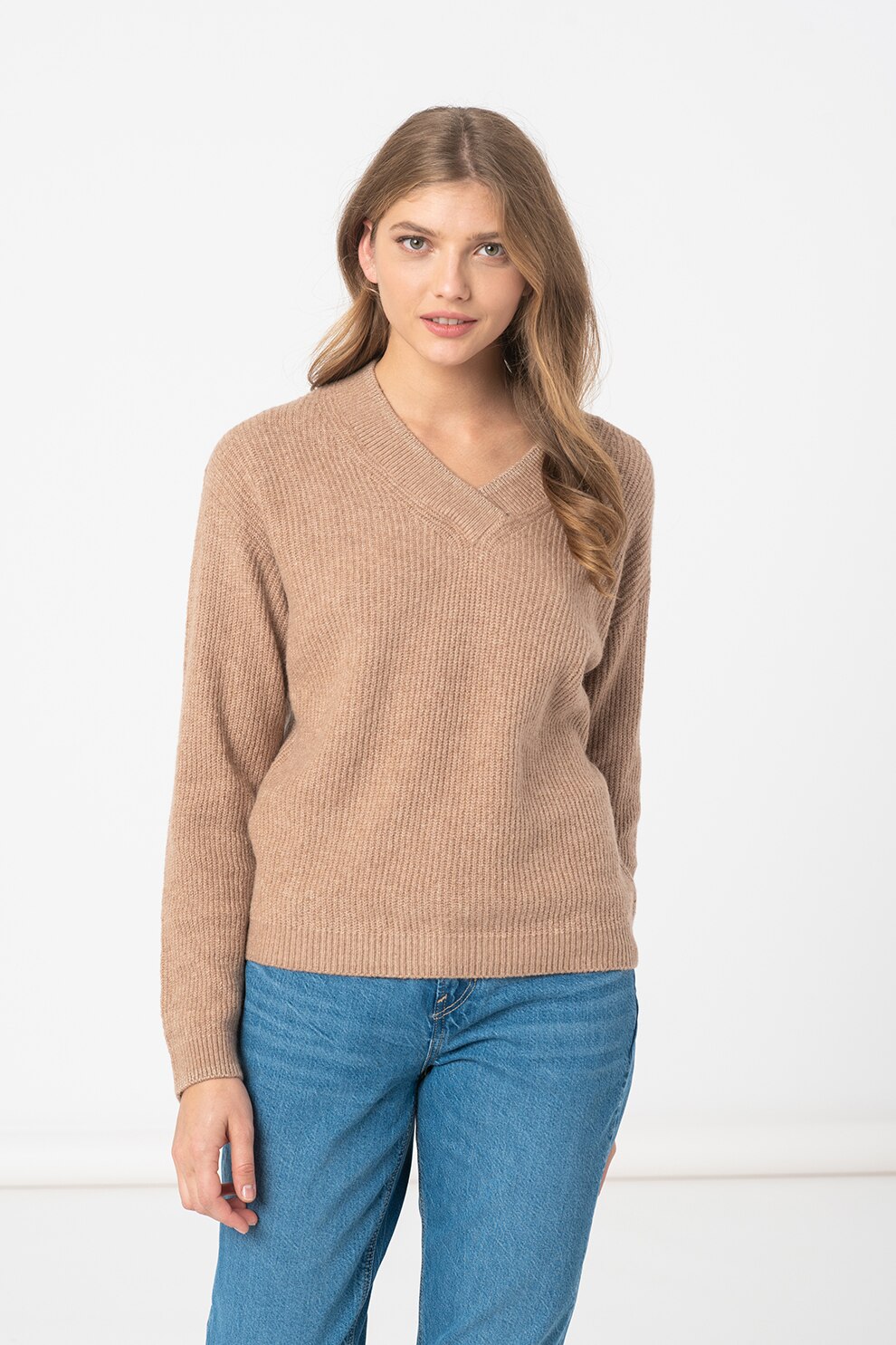 Tom Tailor, Pulover cu decolteu in V si aspect striat, Maro