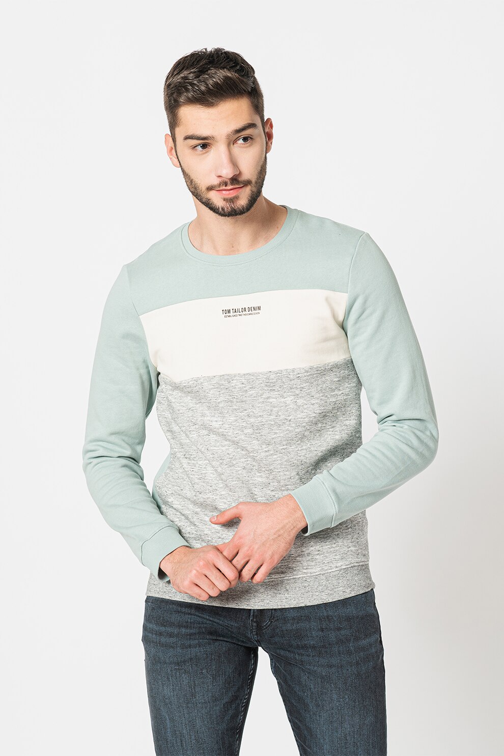 Tom Tailor, Bluza sport cu decolteu la baza gatului, din bumbac, Albastru pastel/Gri, XL