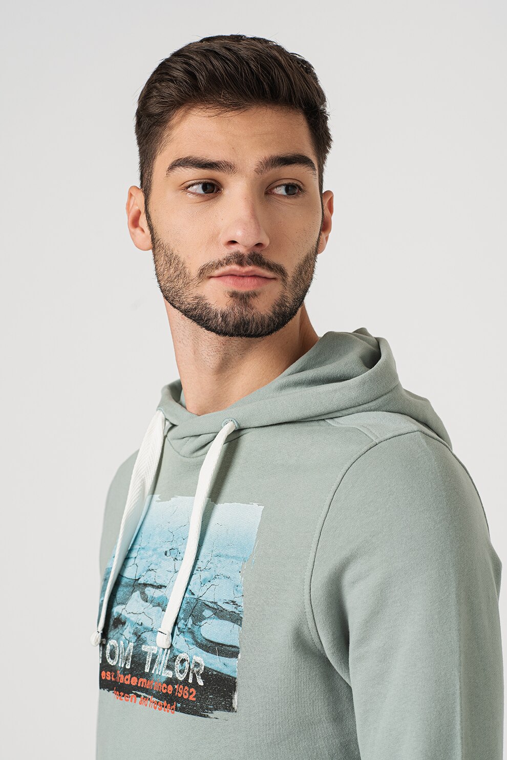 Tom Tailor, Hanorac de bumbac cu imprimeu grafic, Turcoaz/Bleumarin inchis/Rosu vermilion