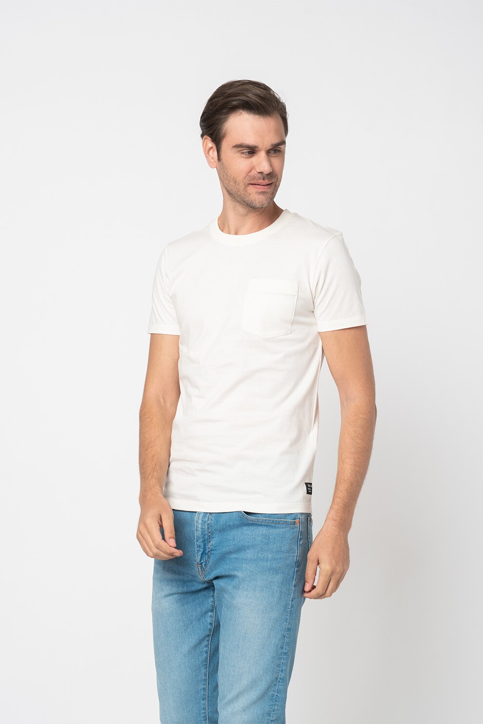 Tom Tailor, Tricou cu decolteu la baza gatului si buzunar pe piept, Alb prafuit
