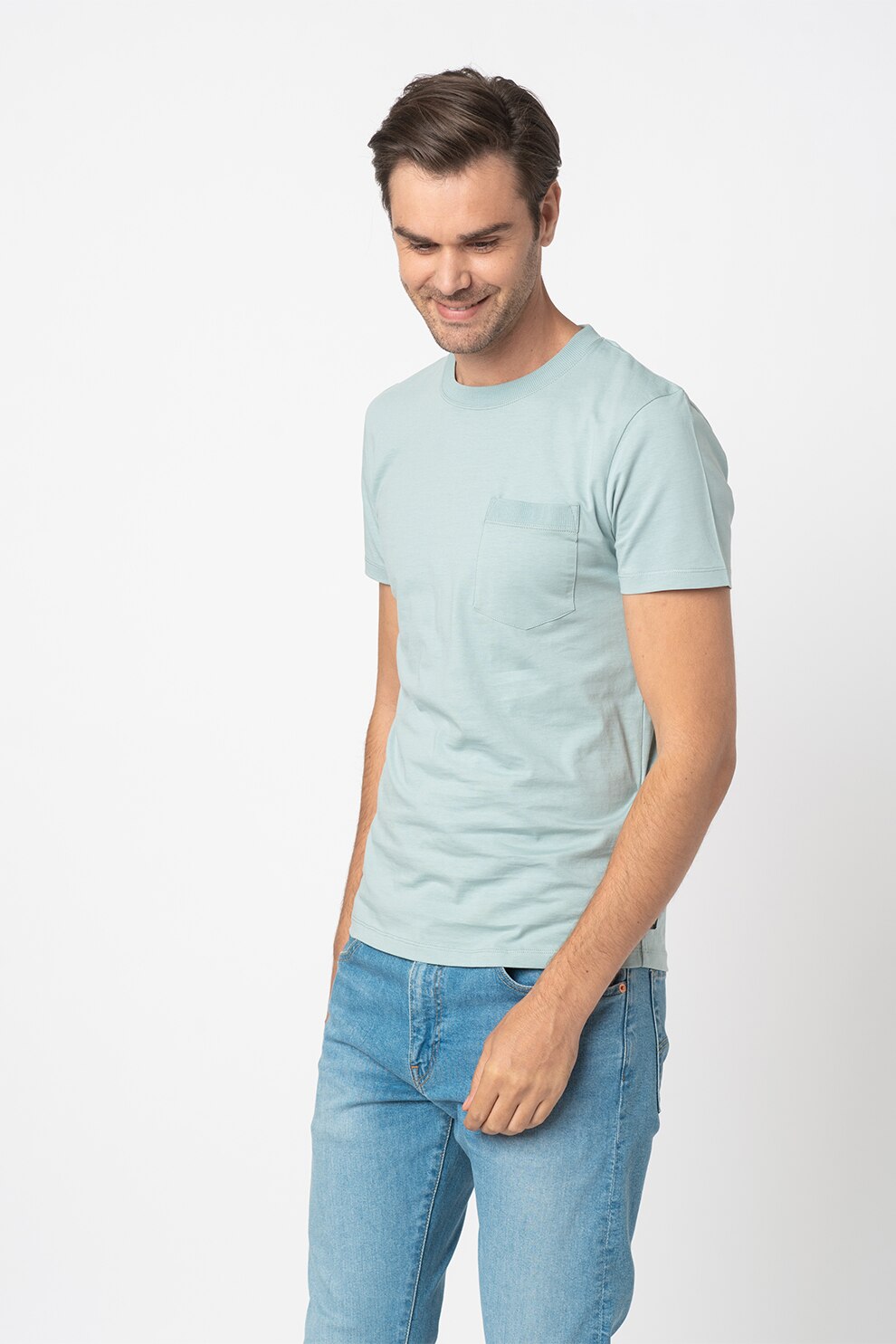 Tom Tailor, Tricou cu decolteu la baza gatului si buzunar pe piept, Albastru deschis