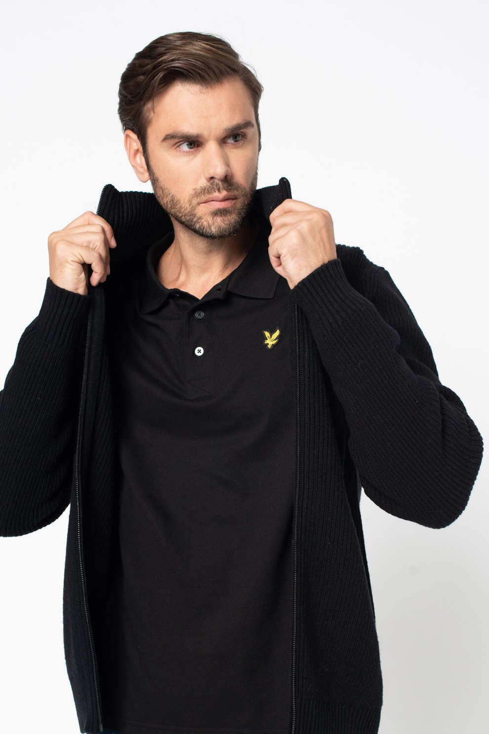 Lyle & Scott, Cardigan din amestec de lana cu logo, Negru, M