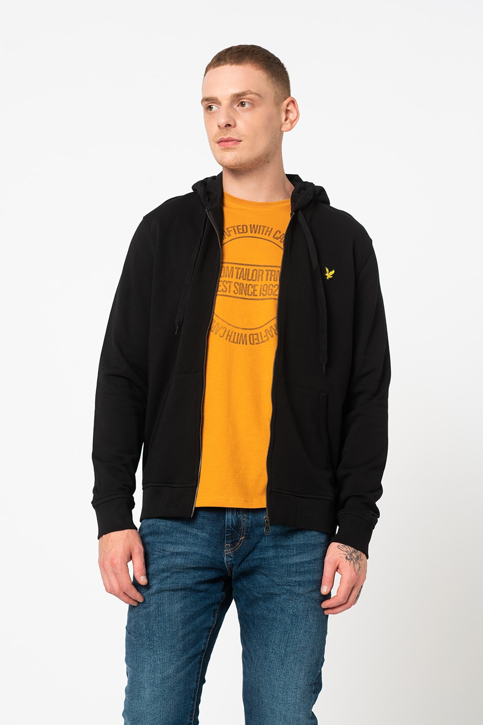 Lyle & Scott, Худи от органичен памук с цип, Черен, M - eMAG.bg
