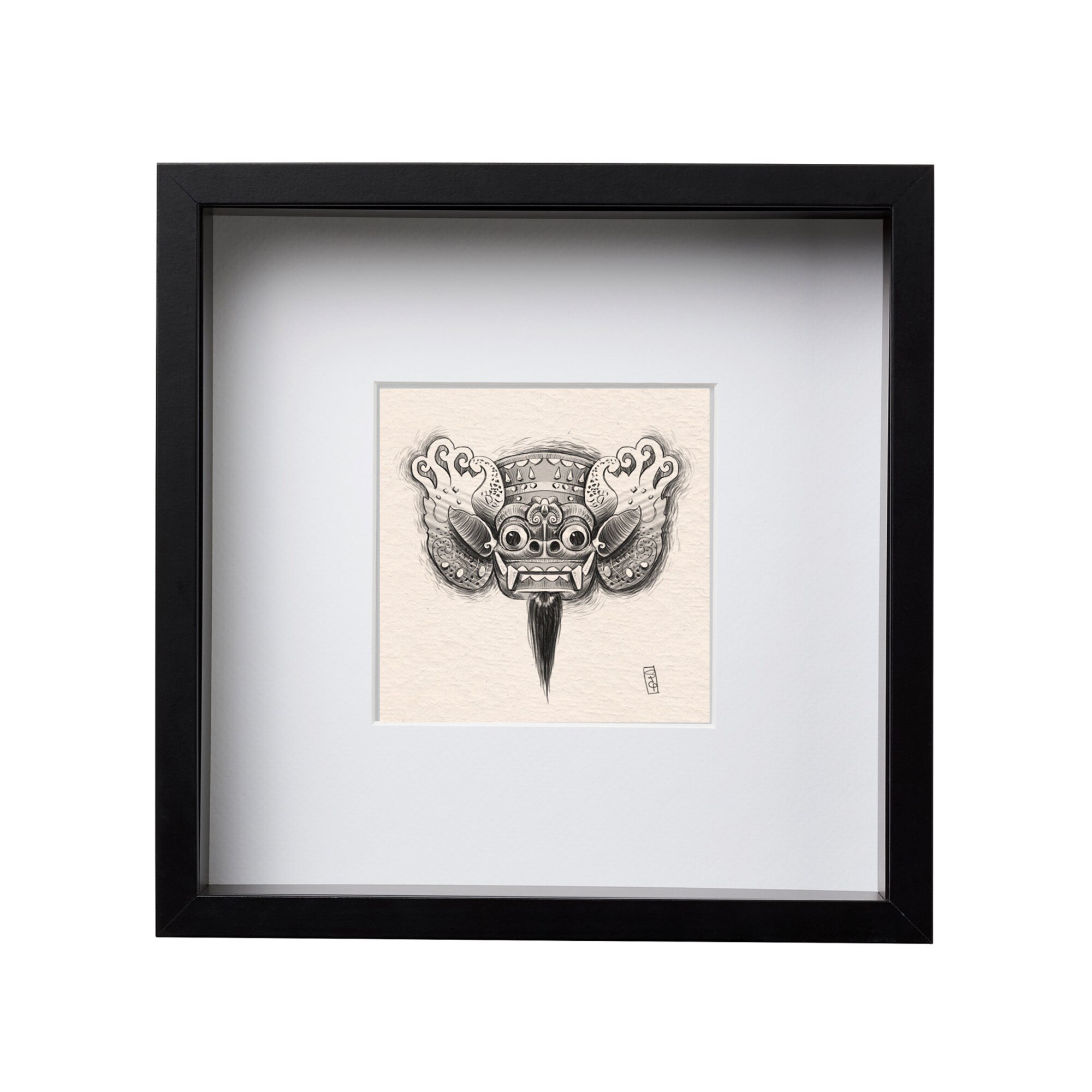 Tablou Masca Barong, ilustratie Gabriel Serban, rama patrata 25x25, negru