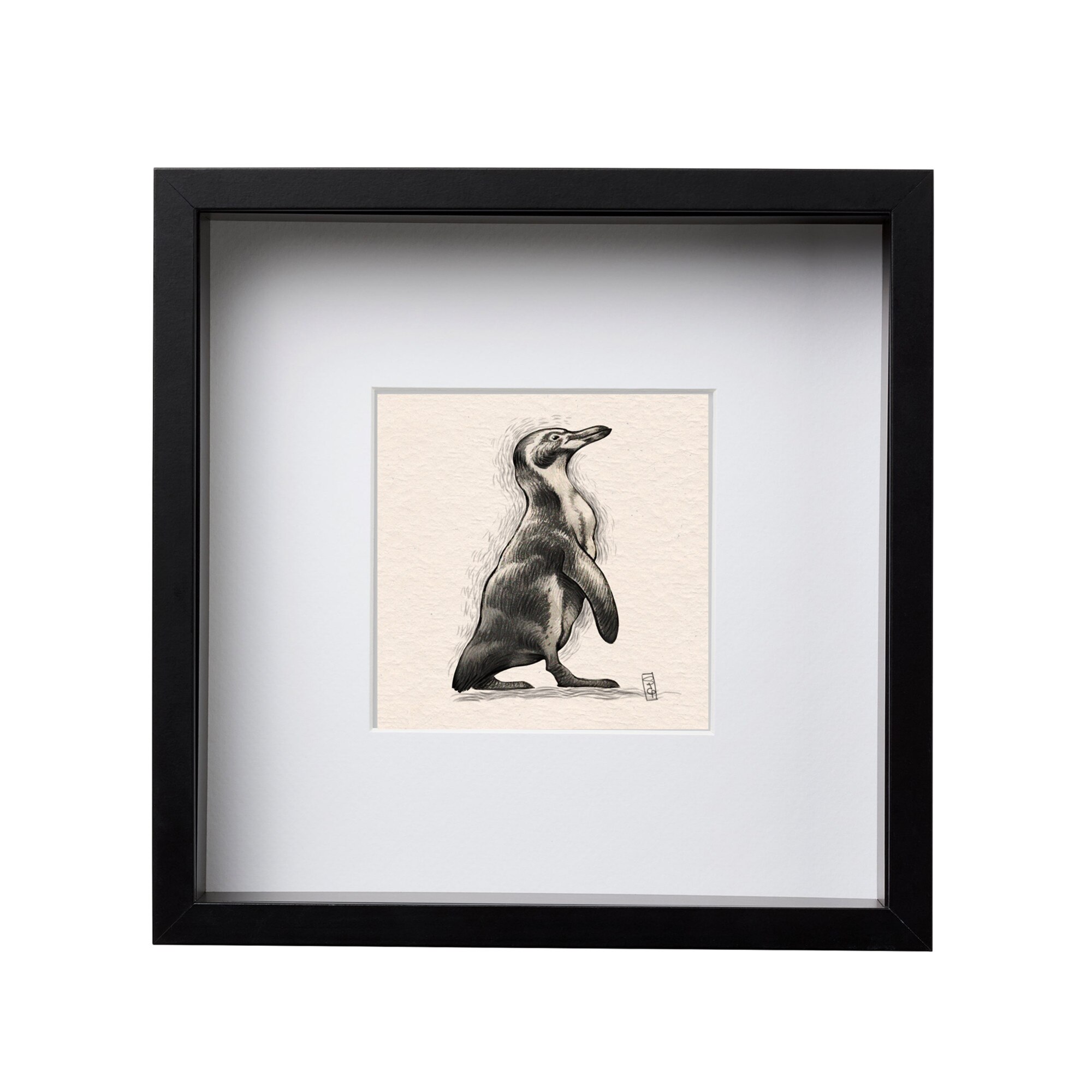 Tablou Pinguin, ilustratie Gabriel Serban, rama patrata 25x25, negru