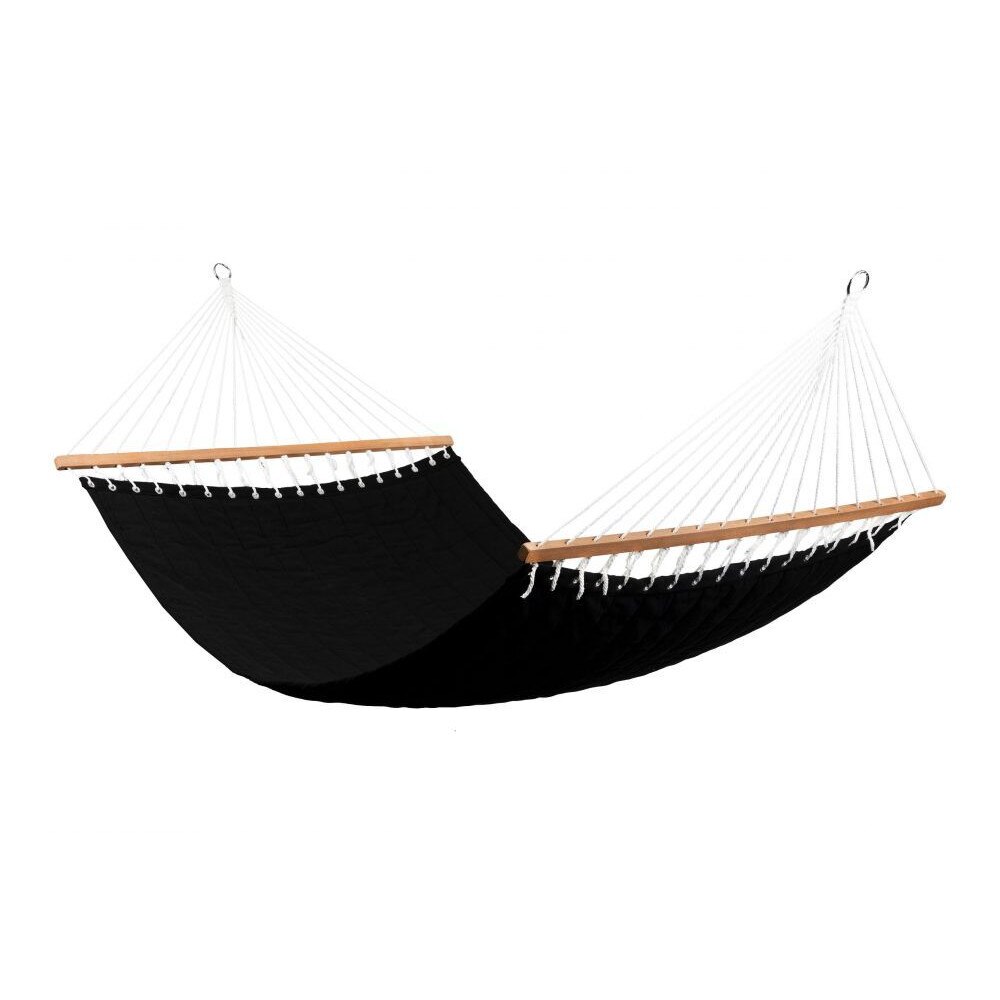 Hamac de gradina, negru, 200 x 140 cm, bumbac, sustinere lemn, inele metalice