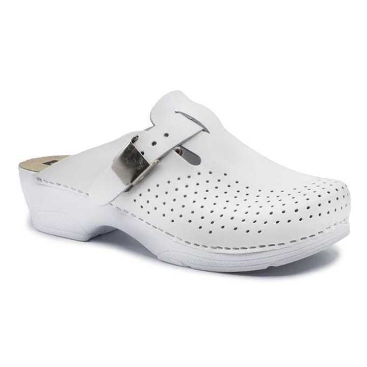 Saboti medicali dama, din piele naturala, Ledi, cu catarama reglabila, cu brant anatomic B6, Alb, 38