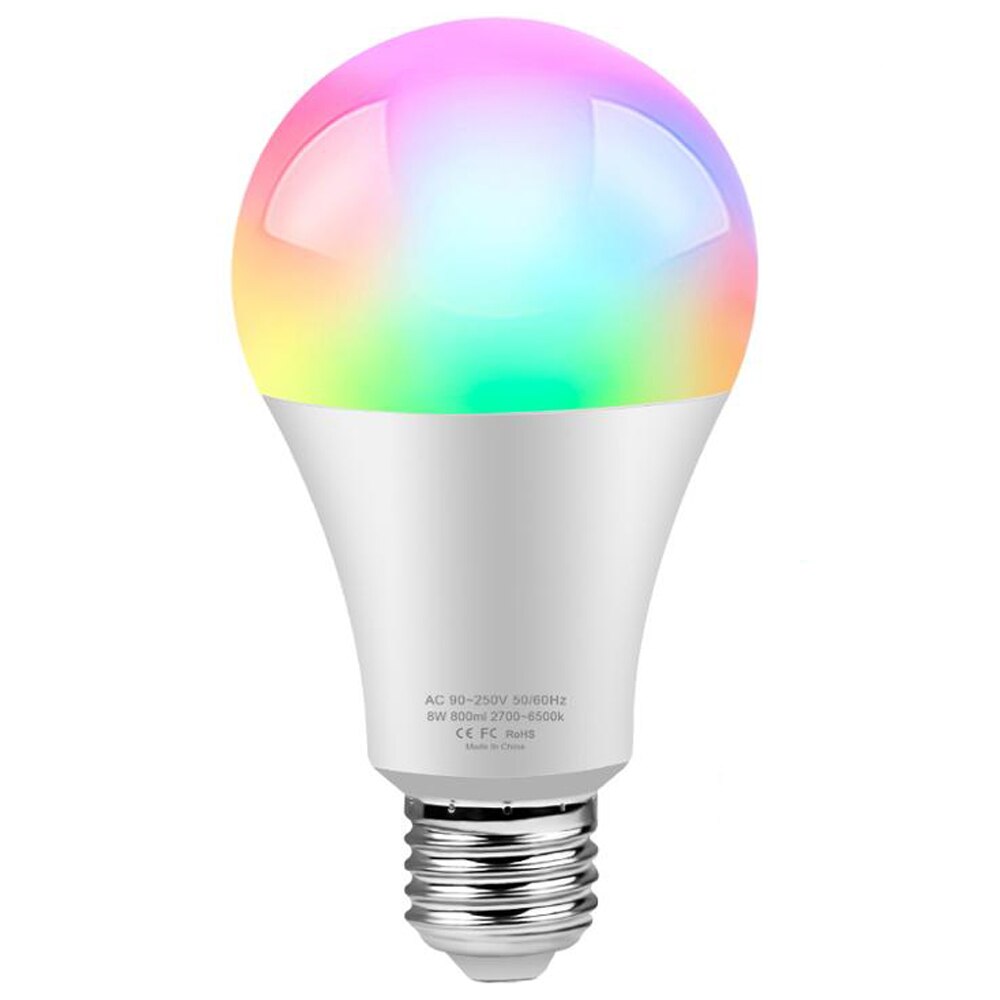 Bec Wi-Fi inteligent NUODWELL, Multicolor, Wi-Fi 2.4GHz, 810 Lumeni, E27, Presetare in functie de nevoi, Program si timer, Mod Rasarit/Apus, Control vocal, Control de la distanta, Mod Away