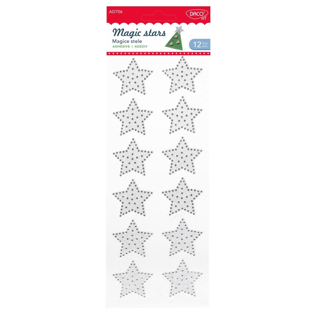 Set 12 Forme Plastic Autoadeziv DACO, 4.2 cm, Model Magice Stele, Culoare Argintie