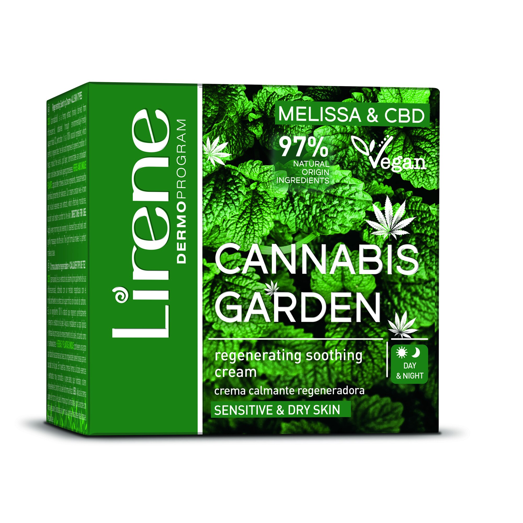 Crema regeneratoare Lirene - Cannabis Garden cu efect intens de calmare cu cu Extract de Melissa si ulei de canabis pentru zi si noapte, 50ml