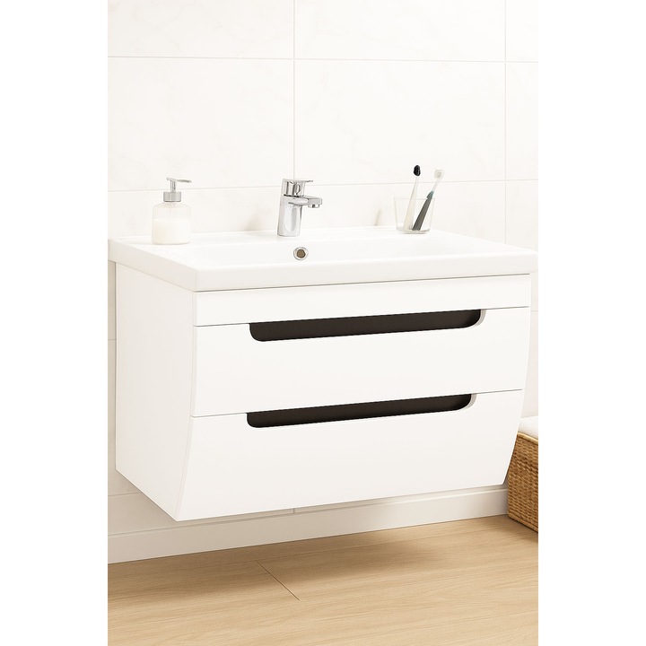 Baza curbata si lavoar Badenmob, MDF infoliat, seria 730 - 100cm suspendat cu sertare, Alb rustic