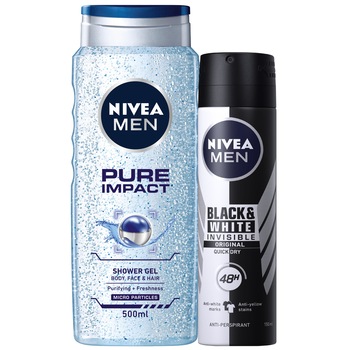Pachet Promo Nivea Men: Gel de dus Pure Impact, 500 ml + Deodorant Spray Black & White Invisible, 150 ml Pachet Promo Nivea Men: Gel de dus Pure Impact, 500 ml + Deodorant Spray Black & White Invisible, 150 ml