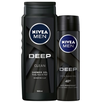 Pachet Nivea Men Deep: Gel de dus, 500 ml + Deodorant Spray, 150 ml Pachet Nivea Men Deep: Gel de dus, 500 ml + Deodorant Spray, 150 ml