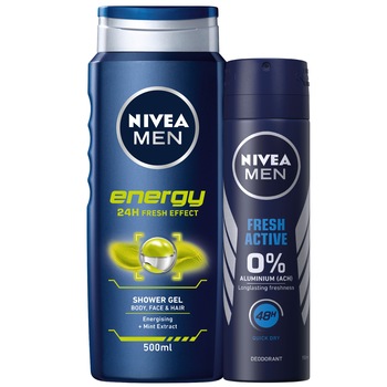 Pachet Promo Nivea Men: Gel de dus Energy, 500 ml + Deodorant Spray Fresh Active 0% Aluminium, 150 ml Pachet Promo Nivea Men: Gel de dus Energy, 500 ml + Deodorant Spray Fresh Active 0% Aluminium, 150 ml