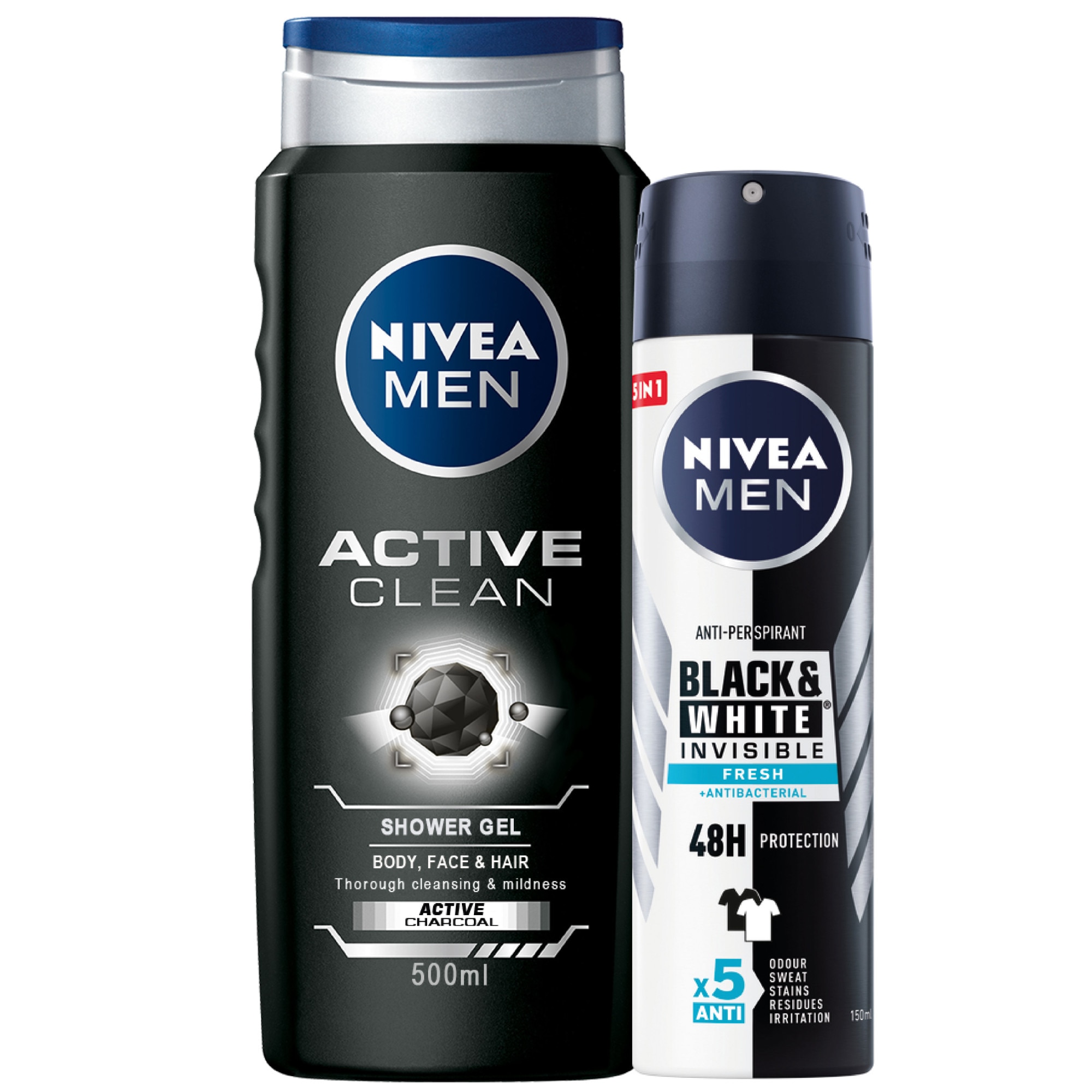 Pachet Promo Nivea Men: Gel de dus Active Clean, 500 ml + Deodorant Spray Black & White Fresh, 150 ml