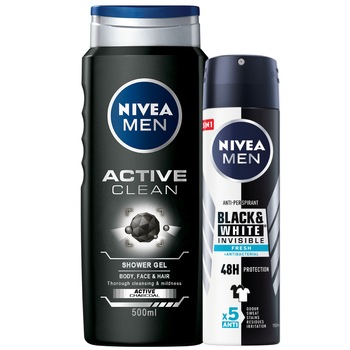 Pachet Promo Nivea Men: Gel de dus Active Clean, 500 ml + Deodorant Spray Black & White Fresh, 150 ml Pachet Promo Nivea Men: Gel de dus Active Clean, 500 ml + Deodorant Spray Black & White Fresh, 150 ml