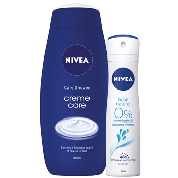 Pachet Promo Nivea: Gel de dus Nivea Creme Care, 500 ml + Deodorant Spray Nivea Fresh Natural, 150 ml Pachet Promo Nivea: Gel de dus Nivea Creme Care, 500 ml + Deodorant Spray Nivea Fresh Natural, 150 ml