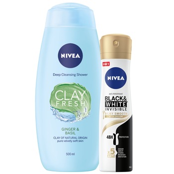 Pachet Promo Nivea: Gel de dus Nivea Clay Fresh, 500 ml + Deodorant Spray Nivea Black & White Invisible Silky Smooth, 150 ml Pachet Promo Nivea: Gel de dus Nivea Clay Fresh, 500 ml + Deodorant Spray Nivea Black & White Invisible Silky Smooth, 150 ml