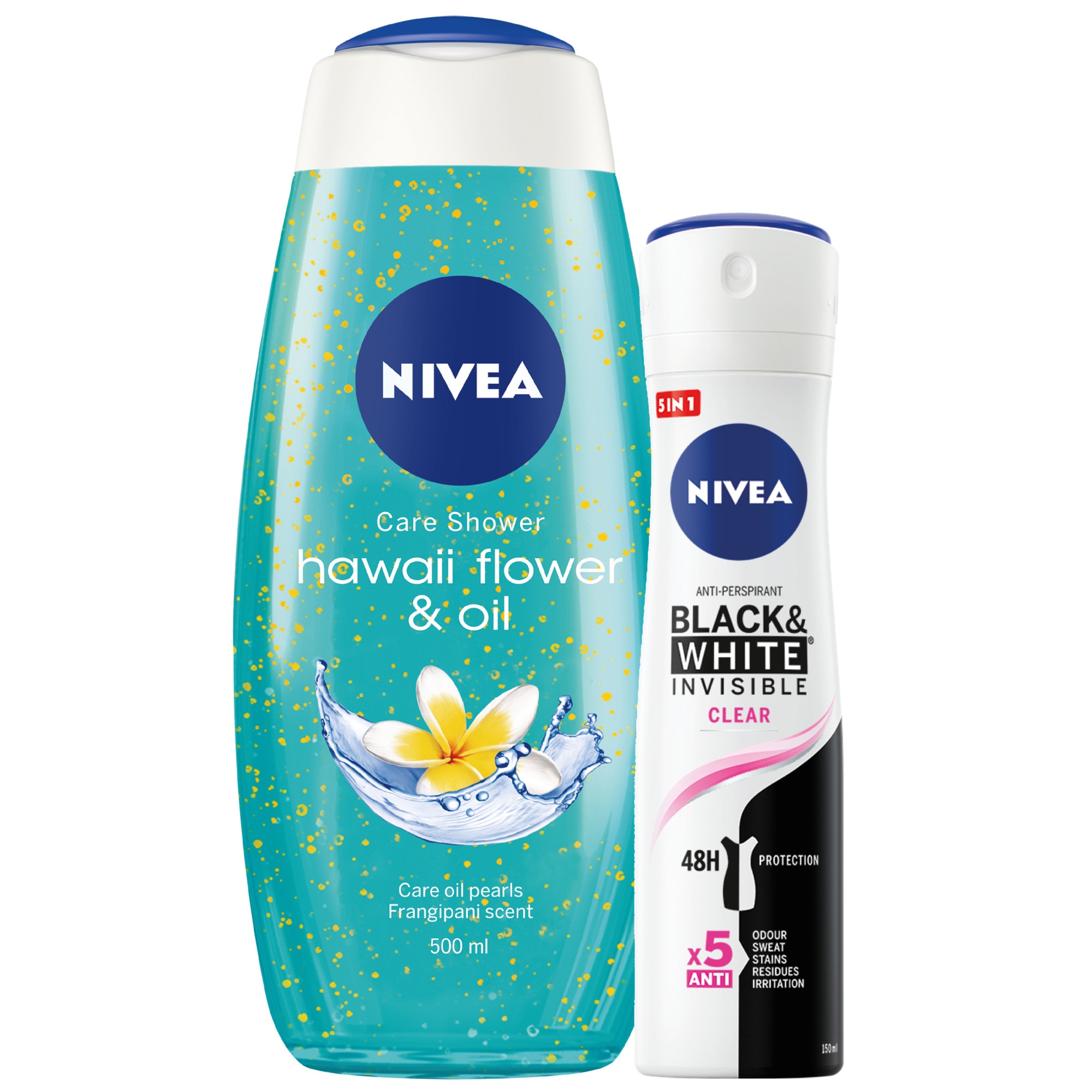 Pachet Promo Nivea: Gel de dus Nivea Hawaii & Oil, 500 ml + Deodorant Spray Invisible for Black & White Clear, 150 ml